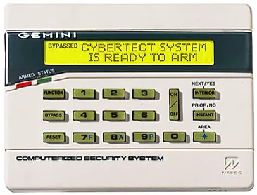 Gemini security keypad displaying Cybertect System is ready to arm